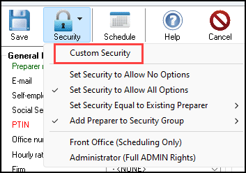 Image of "Custom Security" under Edit Preparer